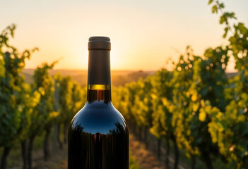 Naklejka premium Wine production and viticulture, red wine bottle in a vineyard at sunset, harvest and winemaking