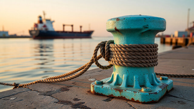 Turquoise mooring bollard with rope on concrete pier at sunset, marine transport and global shipping