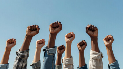 Fototapeta premium Group of diverse hands raising clenched fists under blue sky, social justice and teamwork