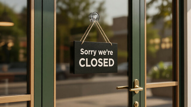 Hanging 'Sorry we're CLOSED' sign on modern glass storefront door, business closure and retail hours notice