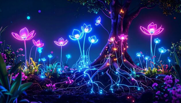 Vibrant nighttime garden illuminated with colorful lights.