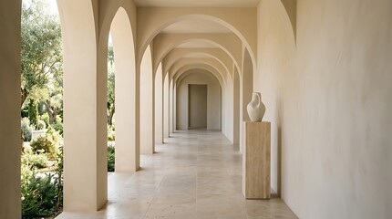 Fototapeta premium A serene perspective view of a beautiful mediterranean style stone arched hallway with warm sunlight filtering through the columns and lush green garden foliage outside