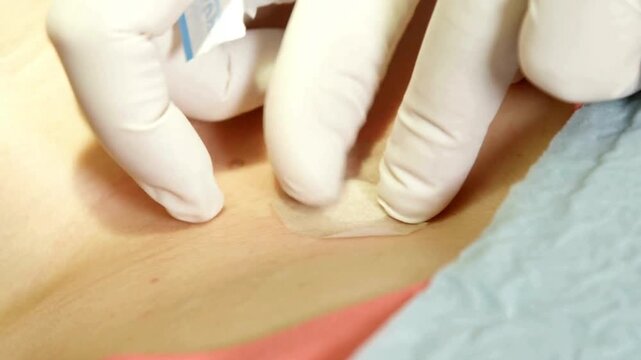 Close up of a dermatologist in white gloves applying a clear bandage after mole removal.