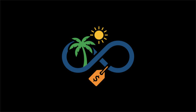 Infinity symbol featuring a tropical palm tree, bright sun, and a price tag with a dollar sign on a black background.