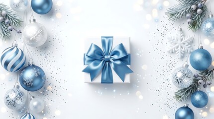 Naklejka premium Festive blue and silver Christmas ornaments surround white gift box with satin bow, ideal for holiday marketing and winter celebrations.