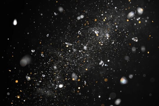 luxury gold silver glitter particles explosion on black festive abstract background with sparkling dust