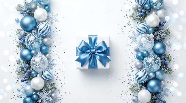 christmas gift box tied with blue ribbon surrounded by festive blue and white ornaments snowflakes and pine branches on white background.