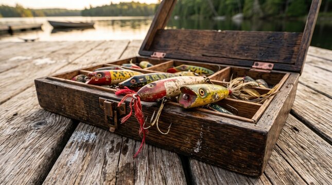 Vintage wooden tackle box filled with colorful fishing lures on a rustic dock.