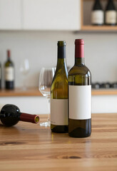Naklejka premium Wine tasting and home entertaining, bottles of red and white wine with blank labels and a wine glass on a wooden counter