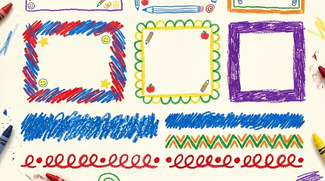 Hand drawn crayon box frames and scribbled textured border stamps pack with playful retro classroom doodle edges crayon hand drawn border frame stamp collectionbox doodle sketch rough edge play