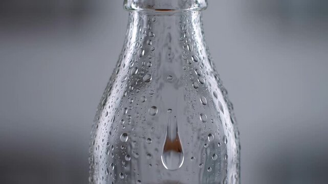 ?Falling drops splash on glass bottle in slow motion