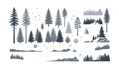 Obraz premium Pine Tree Forest Silhouette Icon Element Set with Conifer Fir Spruce Mountain Landscape Horizons and Winter Snowflake Wind Accents for Nature Graphic Designs