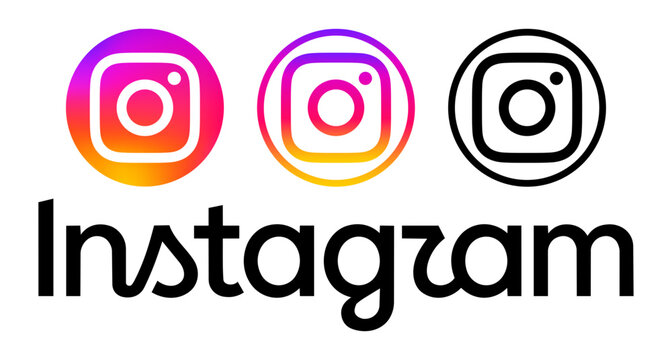 Illustrative editorial set of round Instagram icons and new Instagram wordmark logo isolated on transparent background, vector illustration