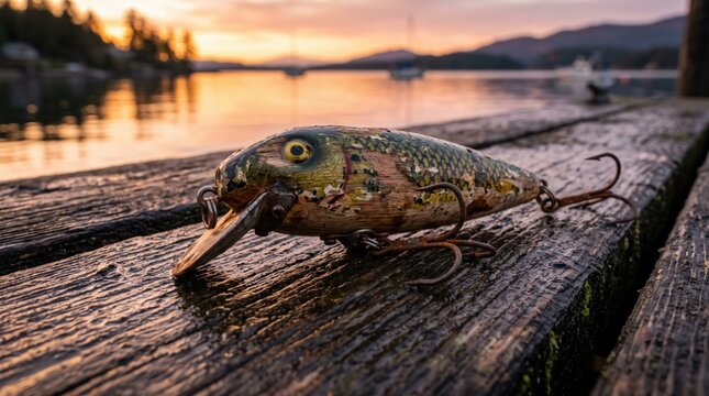 Fishing lure resting on a wooden dock at sunset for a scenic wallpaper.
