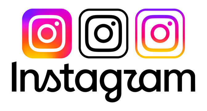 Illustrative editorial set of Instagram icons and new Instagram wordmark logo isolated on transparent background, vector illustration