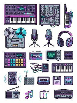 Retro Music Equipment and Audio Studio Gear Vector Icons Set in Synthwave Style. Featuring Synthesizers, Cassette Tape, Headphones, Microphone, Reel-to-Reel, and Keytar in Neon Purple and Blue Colors.