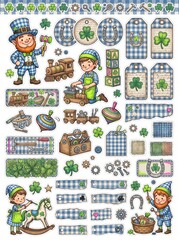 Naklejka premium St. Patrick's Day Leprechaun Toy Workshop Sticker Sheet Illustration with Shamrocks, Horseshoes, and Vintage Labels for Scrapbooking, Junk Journals, and Festive DIY Craft Projects