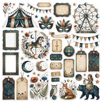 Vintage Celestial Circus Sticker Set with Mystical Carnival Elements, Whimsical Animals, Bohemian Floral Tags, and Moon Phase Ephemera for Scrapbooking, Bullet Journaling, and Digital Crafting