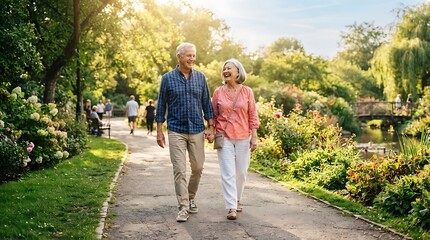 Obraz premium Happy senior couple walking together in a sunny park during a relaxing summer afternoon.