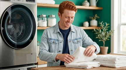Fototapeta premium Smiling man folding white towels in laundry room. Redhead male doing chores next to washing machine