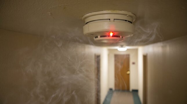 Smoke Detector Alarm with Red Warning Light in Building Hallway &ndash; Fire Safety, Emergency Alert and Evacuation Concept