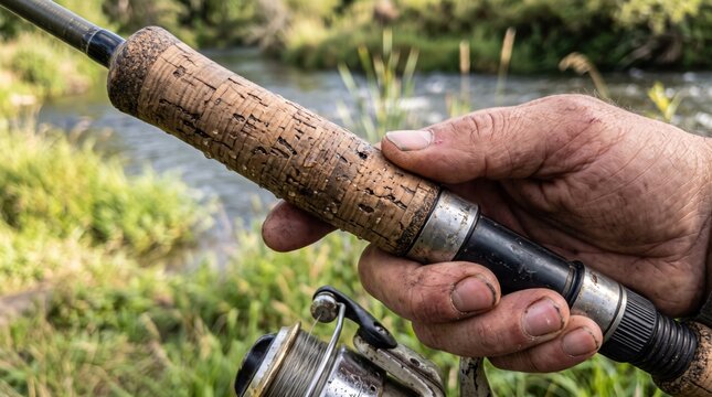 Close up of a fisherman holding a fishing rod with a cork handle by the river.
