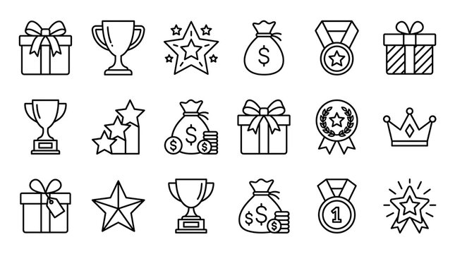 Set of flat design icons for awards and prizes including trophies gift boxes money bags and medals for best performance and achievement in business or sports.
