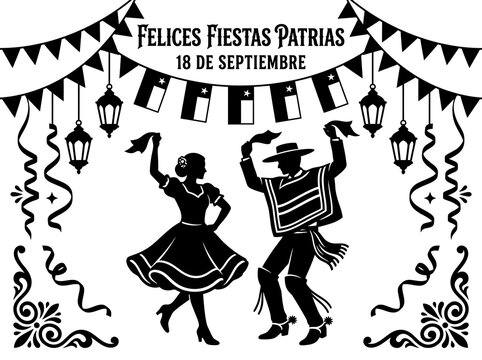 Chilean independence day celebration illustration with traditional cueca dancers, flags, and festive decorations isolated on white background