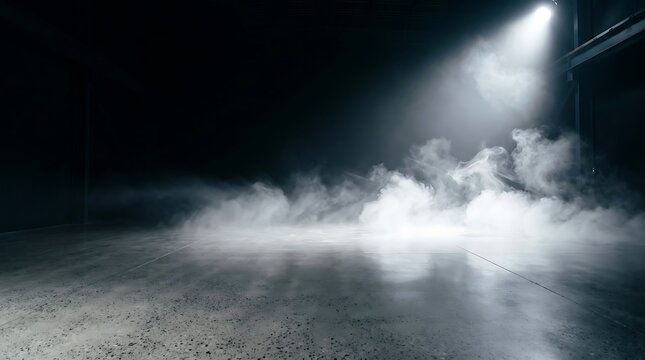 Dramatic stage lighting with thick fog and spotlight beam creating a mysterious and atmospheric performance scene in a dark theater