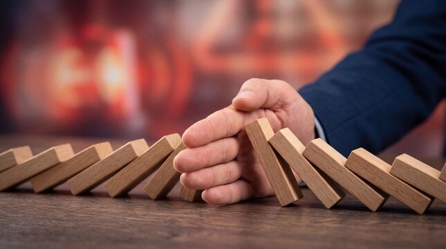 A hand preventing dominoes from falling, symbolizing control and risk management in business.