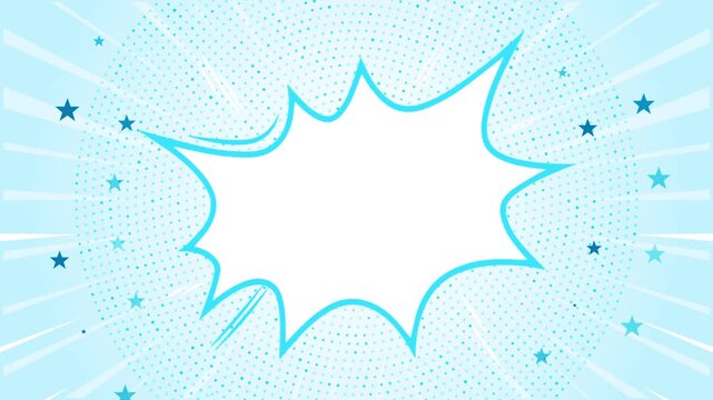 Bright blue comic burst stars, halftone dots, radial rays large white speech area creates playful motion. sale promos, social posts, kids content, captions, announcements, reactions pop art titles.