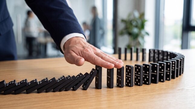 A hand poised to prevent a domino effect in a business setting illustrates decision-making and intervention.