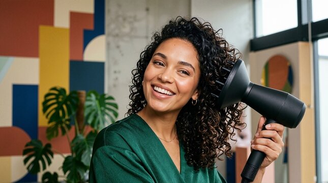 Smiling woman drying her curly hair with a diffuser attachment. Female styling natural curls with a blow dryer