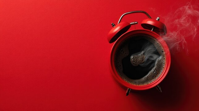 Red alarm clock filled with steaming coffee on a solid red background