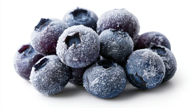 A pile of fresh blueberries, dusted with sugar, ready to be enjoyed. Their deep blue color and plump texture make them a perfect healthy snack or ingredient for baking