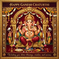 Obraz premium Happy ganesh chaturthi festival poster with lord ganesha seated on golden throne