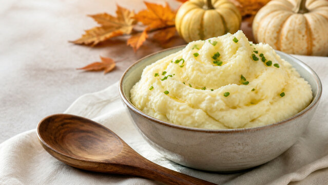 Creamy mashed potatoes with chives for a rustic Thanksgiving autumn dinner table