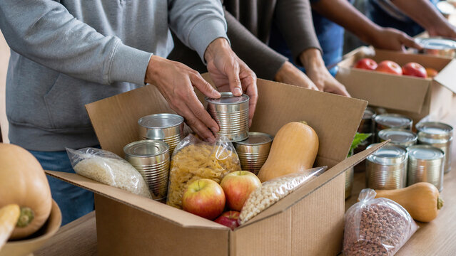 Volunteers pack Thanksgiving food donations into cardboard boxes for local community relief