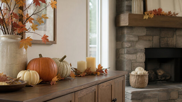 Thanksgiving pumpkins and autumn leaves decorate a cozy living room fireplace mantel