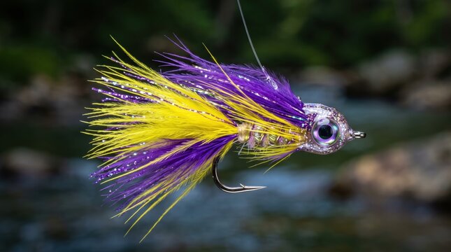 Colorful artificial fly fishing lure for catching trout in a river.
