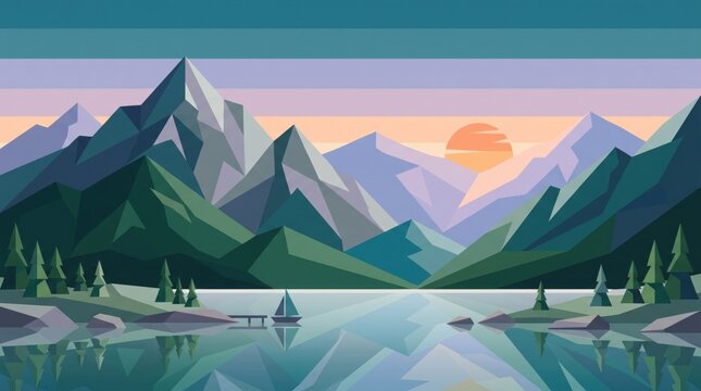 Low Poly Geometric Mountain Landscape with Lake and Sailboat at Sunset
