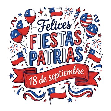 Felices fiestas patrias chile greeting card design with flags, balloons, and fireworks isolated on white background