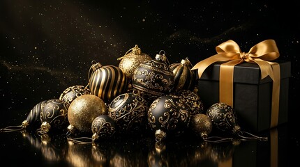 Naklejka premium Luxurious collection of black and gold Christmas ornaments and wrapped gift box creates festive holiday atmosphere with glittering bokeh lights.