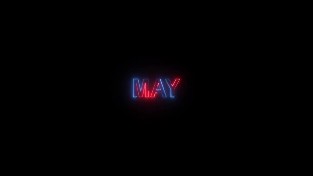 Neon may text animation with red and blue glowing light effect on black background, month calendar