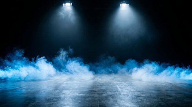 Mysterious blue stage smoke under dramatic spotlight on dark empty theater floor, cinematic atmosphere