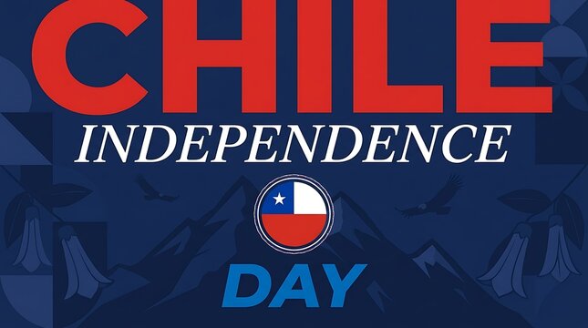 Chile independence day celebration banner with national flag emblem, mountains, and copihue flowers on a dark blue background