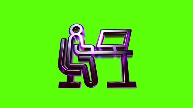 Shiny 3d metal icon of a person sitting at a computer desk working in an office environment on green background
