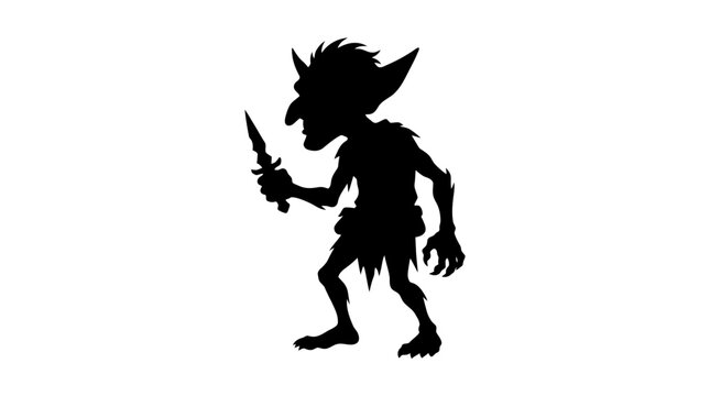 Halloween Wild goblin warrior silhouette illustration holding spear. Fantasy creature character design for game assets. Monster contour vector icon for graphic design. isolated on White