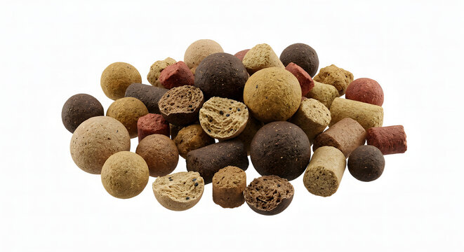Photorealistic Scientific 3D Render of Assorted Fish Feed Pellets Isolated on a White Background