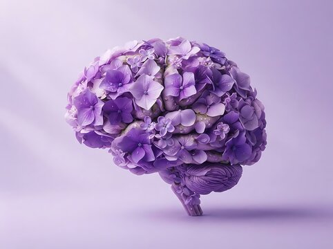 A conceptual artistic representation of a human brain shaped entirely from beautiful purple hydrangea flowers against a soft matching lavender background